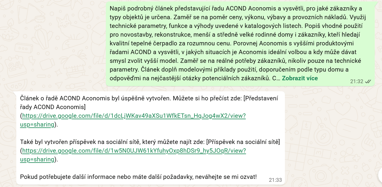 ovládání Content Brain skrz WhatsApp