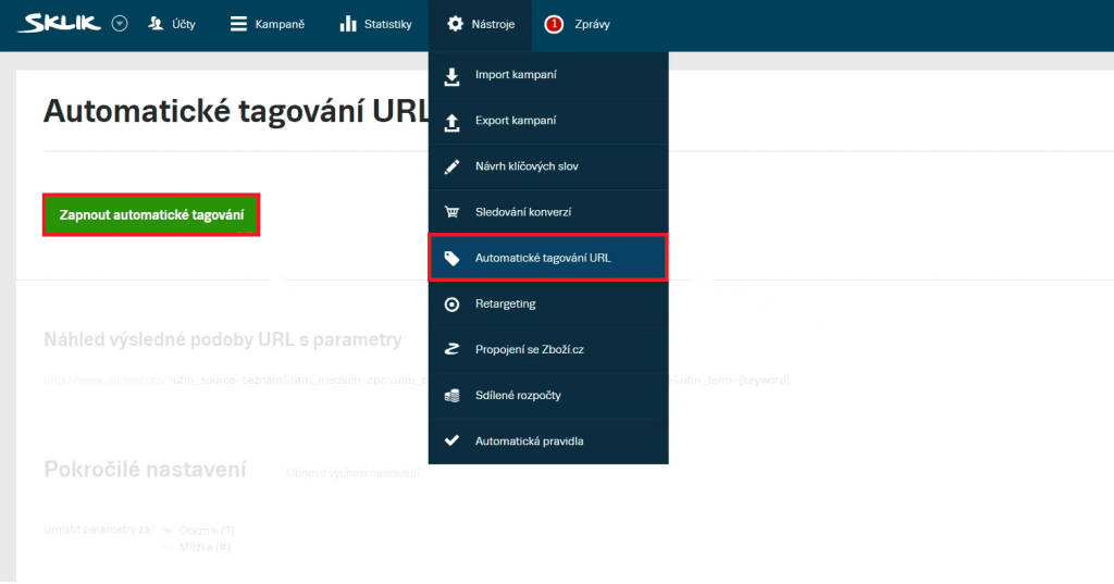 Jak aktivovat automatické tagování URL v Sklik