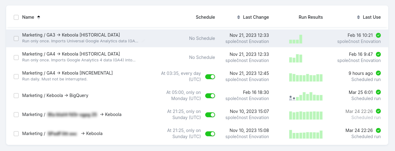 Sample of the processes in Keboola's tool