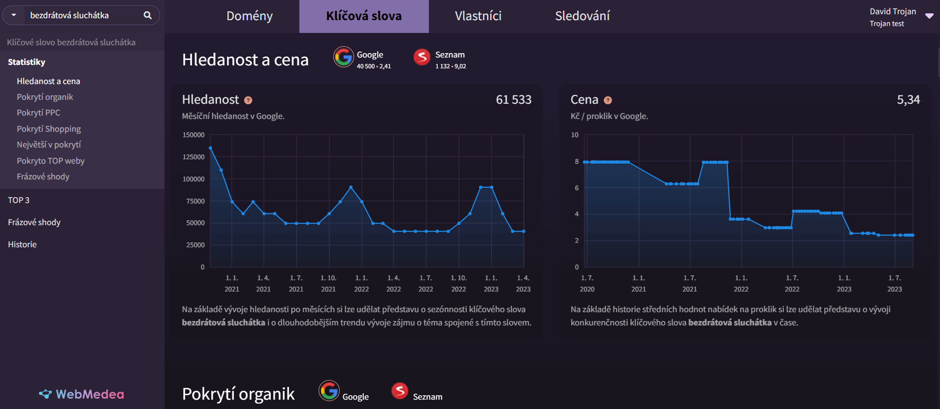 Pohled na detail klíčového slova v aplikaci WebMedea.