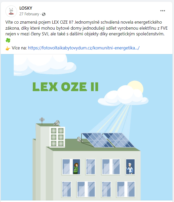 Facebooková stránka Fotovoltaika pro bytové domy